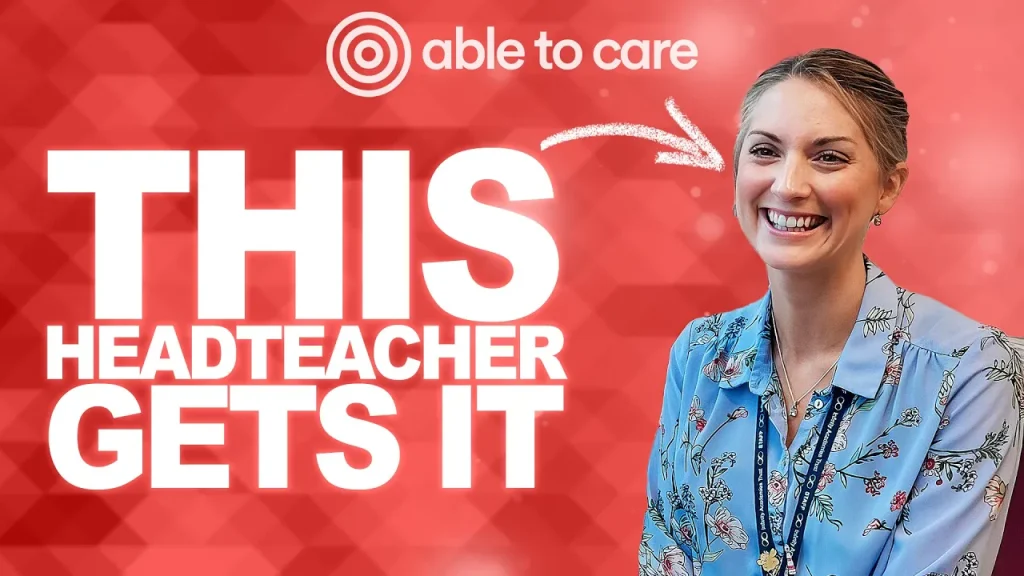 Portrait of Headteacher Fiona Booth with Able to Care Podcast branding on a red background