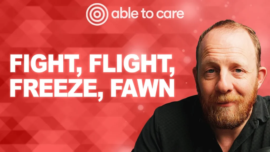 Podcast cover for The Able to Care Podcast with Andy Baker, featuring the words “Fight, Flight, Freeze, Fawn” on a red background. Episode exploring trauma responses, masking, and submissive behaviour in caregiving and education.