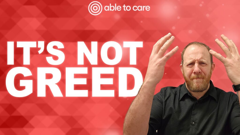 Able to care podcast cover image with Logo and text '' It's not greed''