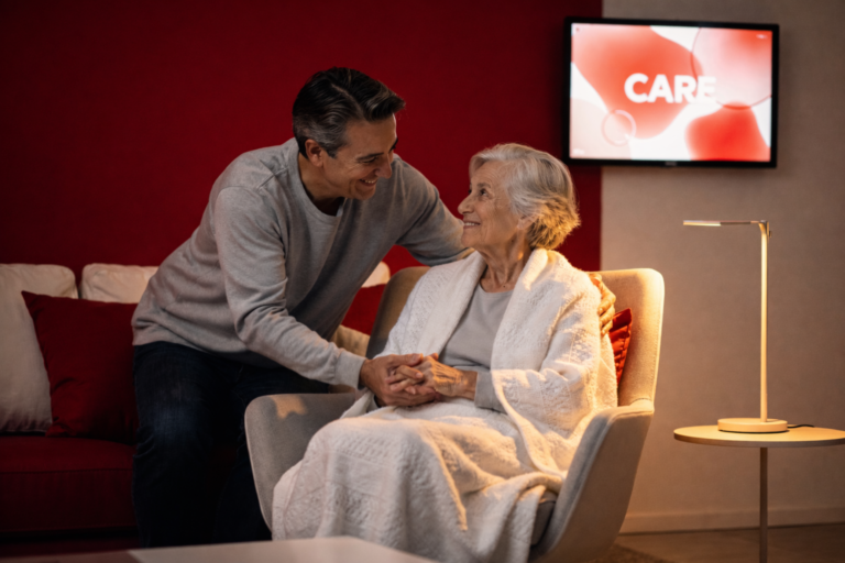 Family member connecting with an elderly woman living with dementia during a calm supportive visit