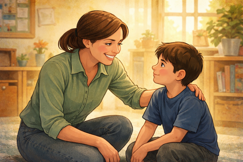 Calm adult kneeling beside a child, offering supportive guidance and helping them regulate emotions in a classroom environment.