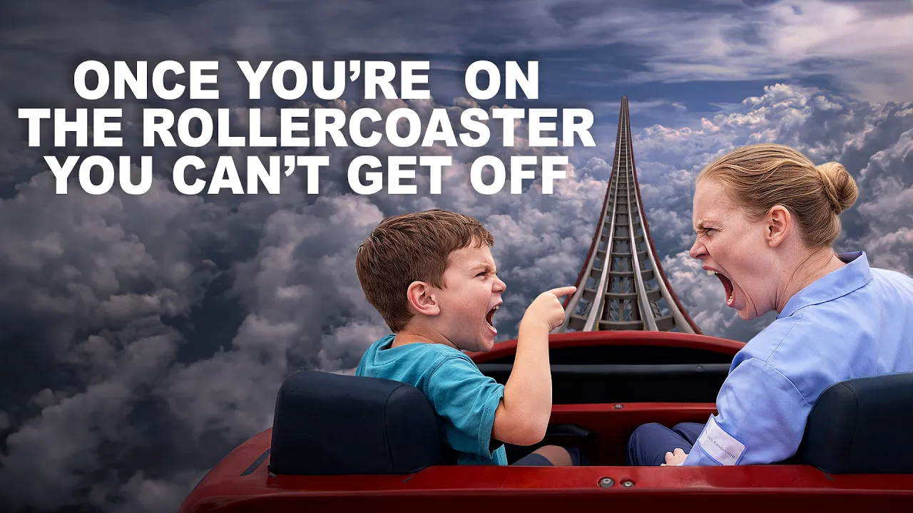 Child and adult arguing on a rollercoaster ride with text “Once you’re on the rollercoaster you can’t get off”, illustrating behaviour escalation and the importance of early de-escalation.