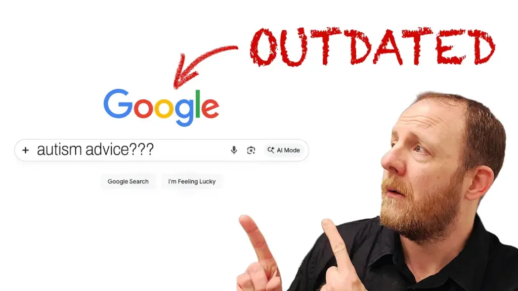 Person pointing at Google search for autism advice marked as outdated, highlighting the need for updated understanding of autism, behaviour and support strategies(21)