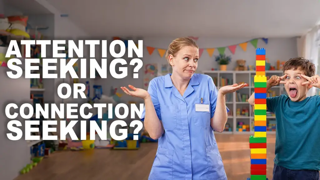 Carer and child beside a tower of building blocks with the words “Attention-Seeking? Or Connection Seeking?” highlighting a podcast episode about behaviour that challenges, attachment and behaviour support.