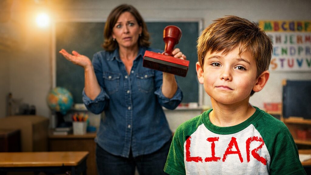 Child in a classroom with the word liar on his shirt while an adult stands behind looking confused, illustrating behaviour, shame and misunderstanding in children