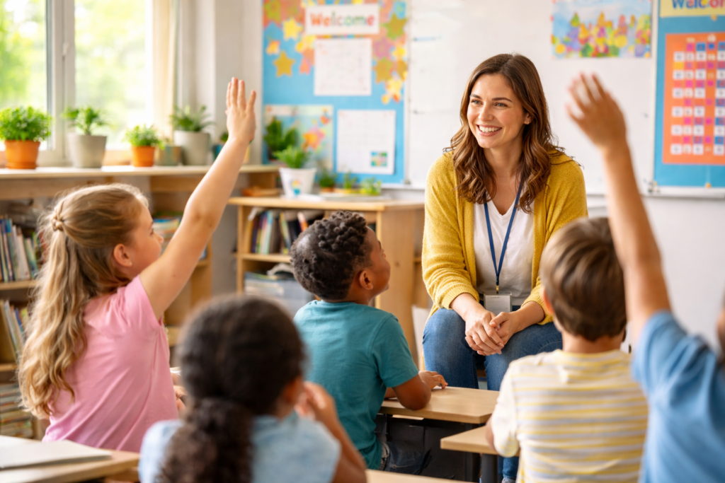 Teacher engaging with children in a positive classroom environment where pupils feel safe, supported and ready to learn
