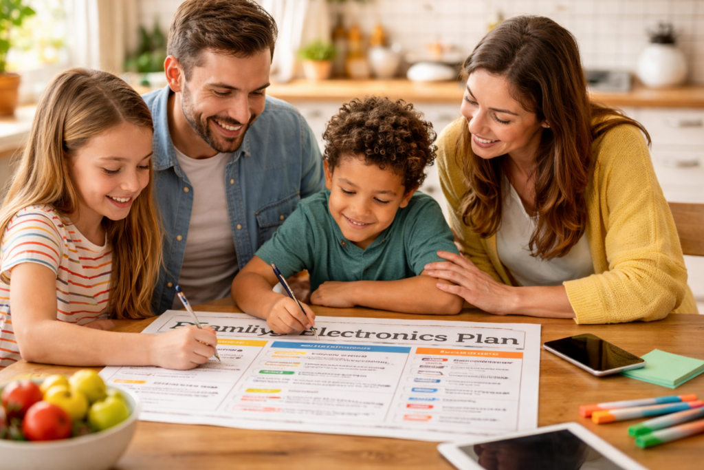 Family creating a home electronics plan together at the kitchen table to support clear boundaries and reduce conflict