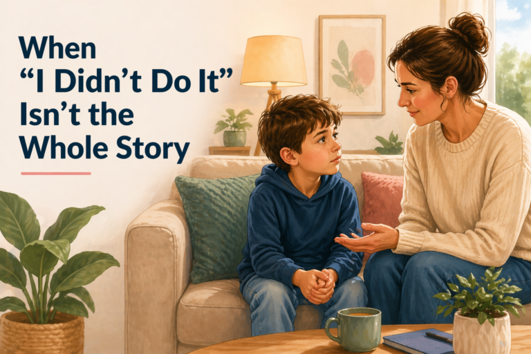 Illustration of a parent calmly talking with a child about behaviour, titled “When ‘I Didn’t Do It’ Isn’t the Whole Story”