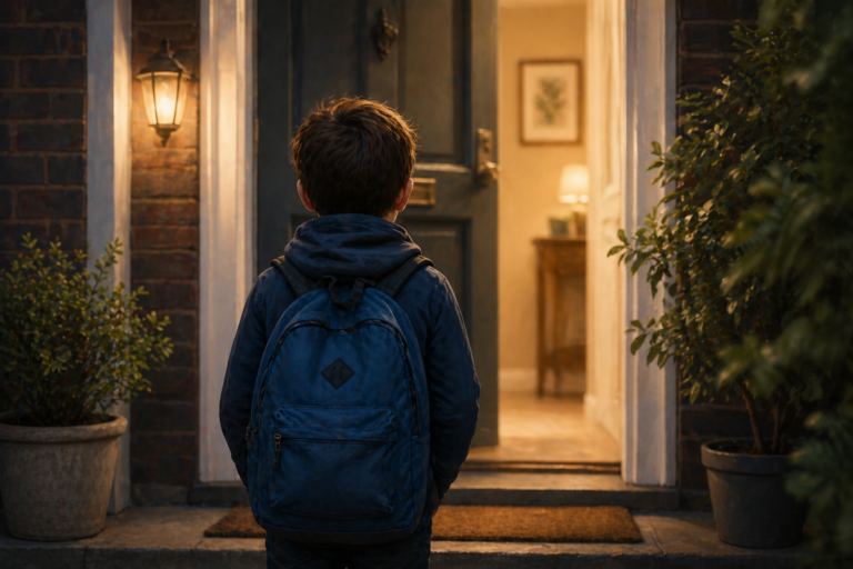 Illustration of a child with a backpack standing at the doorway of a new home, representing emotional safety and foster care support.