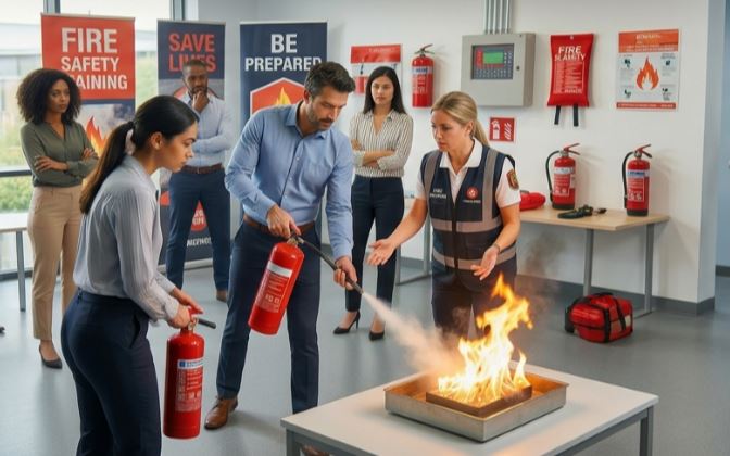 Fire safety training with extinguisher demonstration indoors