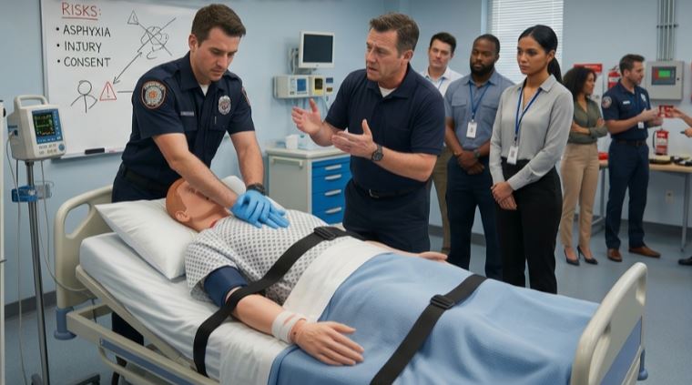 Medical training demonstration on mannequin in hospital room