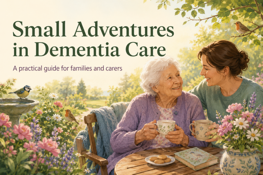 Illustration of a family carer and older woman enjoying tea together in a sunny garden, representing small adventures in dementia care.