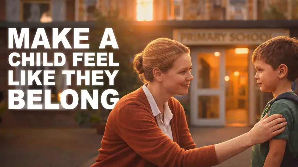 Teacher comforting a young child outside a primary school with the words “Make a Child Feel Like They Belong”, representing belonging, trauma-informed education and emotional support in schools.