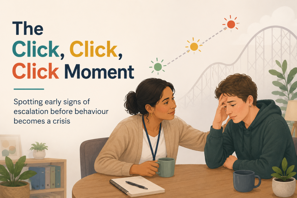 Illustration of a support worker calmly sitting with a distressed person, showing early signs of escalation before behaviour becomes a crisis.