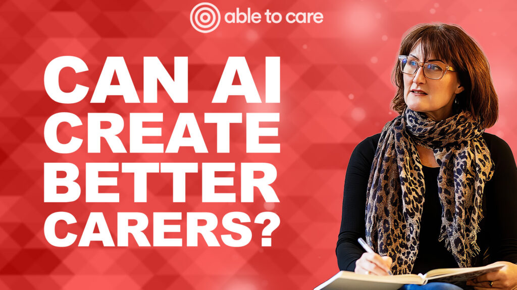 Woman writing beside text about AI carers