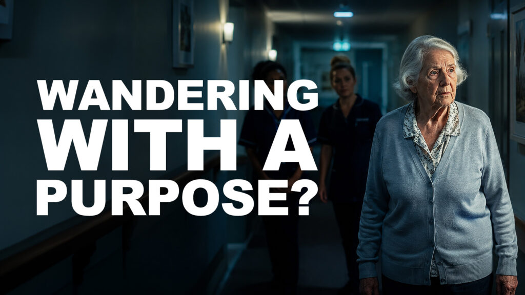 Elderly woman walking in care home corridor