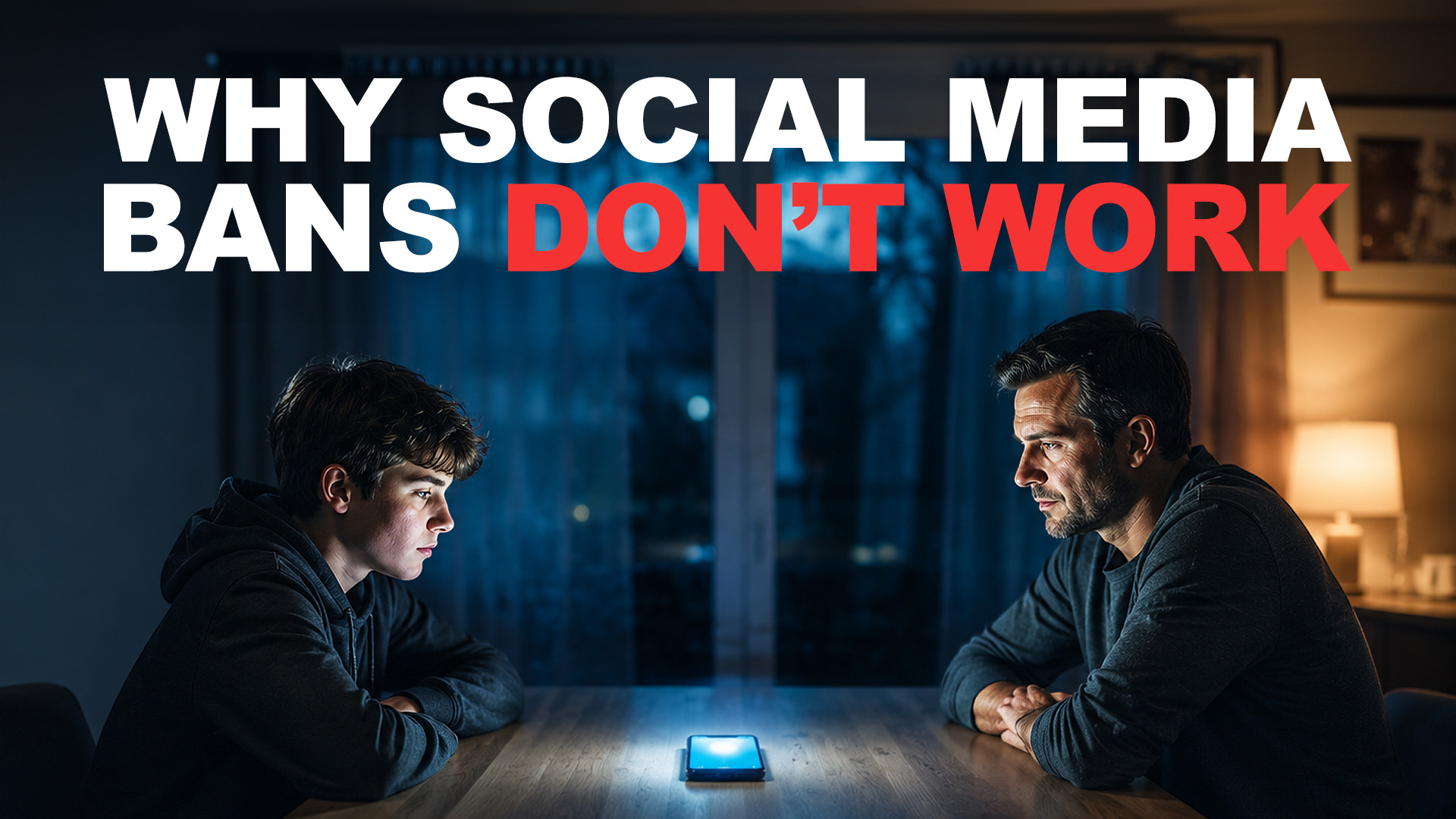 Parent and teenager sitting across a table with a mobile phone between them discussing social media use and digital boundaries, with the text "Why Social Media Bans Don't Work"