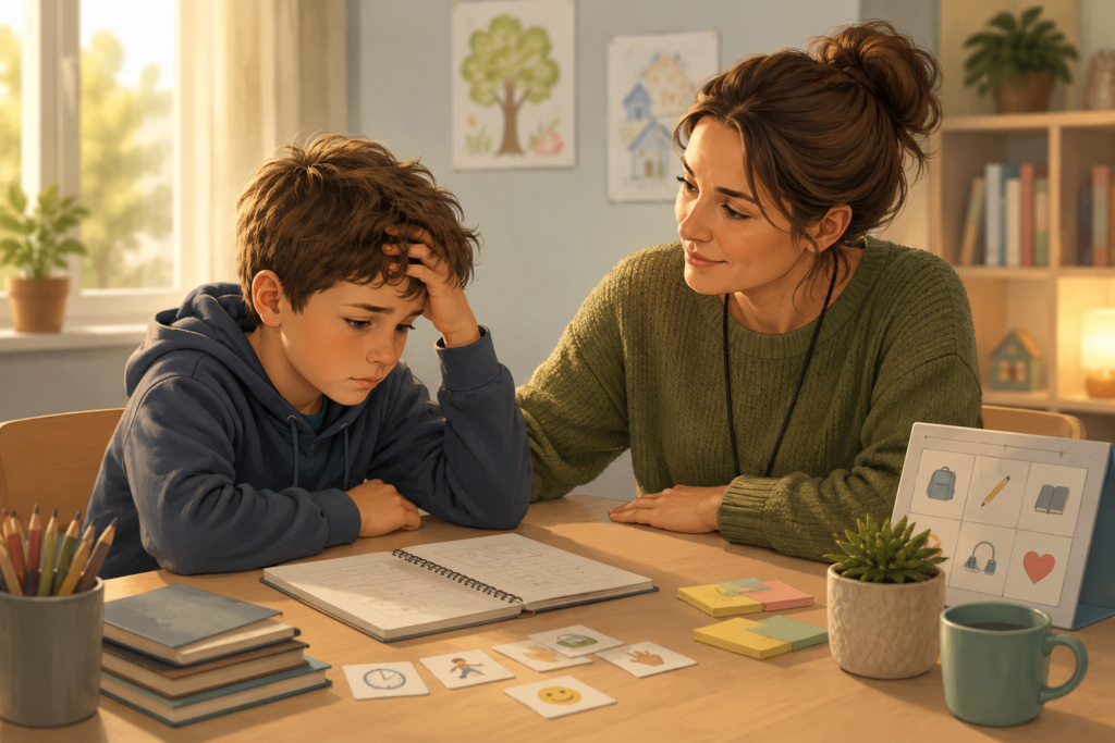 Child receiving calm support with visual prompts, representing FASD understanding, behaviour support and neurodevelopmental needs in care and education settings.