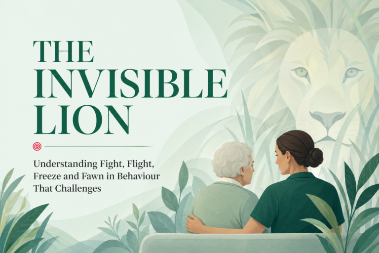 The Invisible Lion behaviour guide featured image showing a calm support moment with a subtle lion, representing fight, flight, freeze and fawn responses in behaviour that challenges.